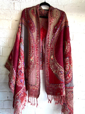Embroidered Woollen shawl Burgundy