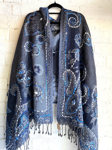 Embroidered Woollen shawl Navy 1