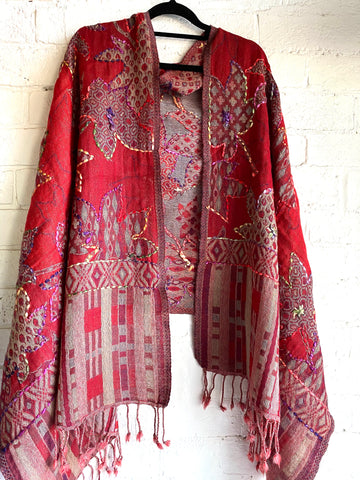 Embroidered Woollen shawl Red