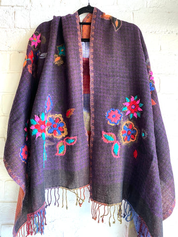 Embroidered Woollen shawl Purplish flowers