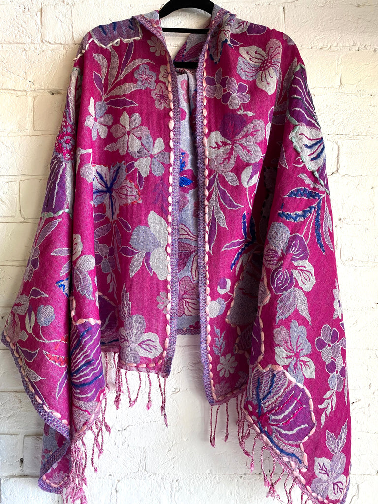 Embroidered Woollen shawl Bright pink