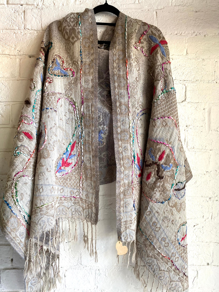 Embroidered Woollen shawl Beige